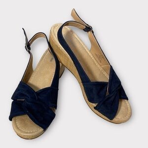 Lands’ End  Wedge Heel Espadrille Women's Sandal Suede Buckle Closure Navy Sz 9B